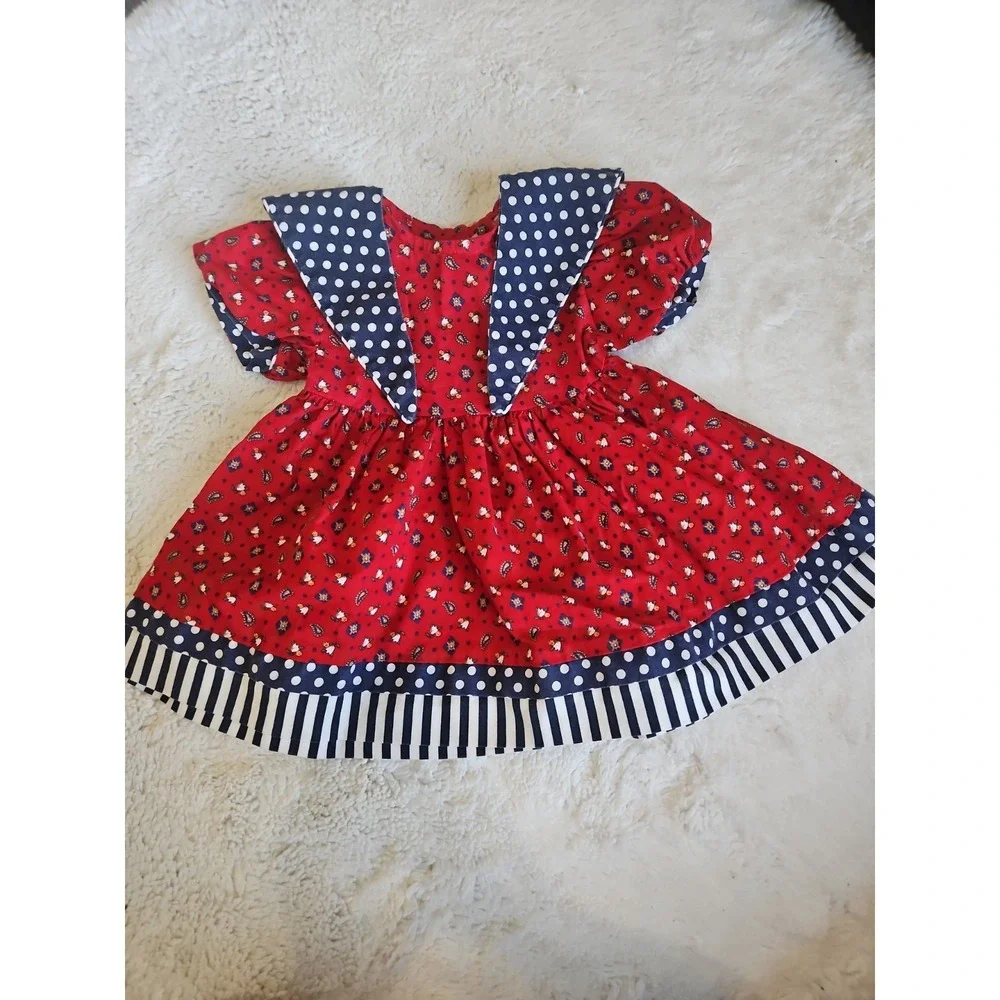 Vintage Little Star Girls Red Paisley Polka Dot Sailor Collar Dress 2T USA Made
